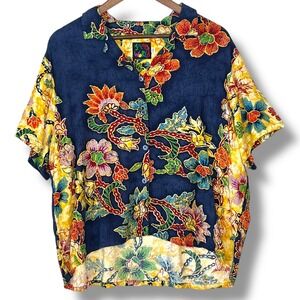 Jams World Vtg Hawaii XXL Java Floral Rayon Button Up Blouse Multi Boho Asian